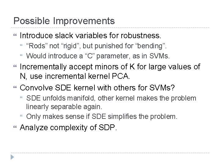 Possible Improvements Introduce slack variables for robustness. Incrementally accept minors of K for large