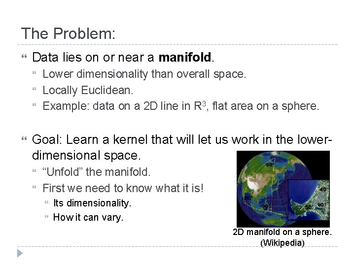 The Problem: Data lies on or near a manifold. Lower dimensionality than overall space.