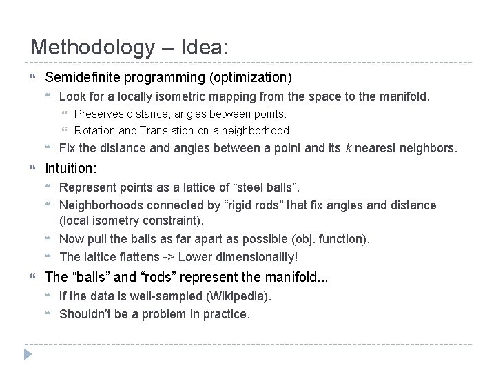 Methodology – Idea: Semidefinite programming (optimization) Preserves distance, angles between points. Rotation and Translation