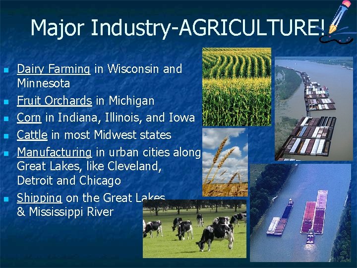 Major Industry-AGRICULTURE! n n n Dairy Farming in Wisconsin and Minnesota Fruit Orchards in