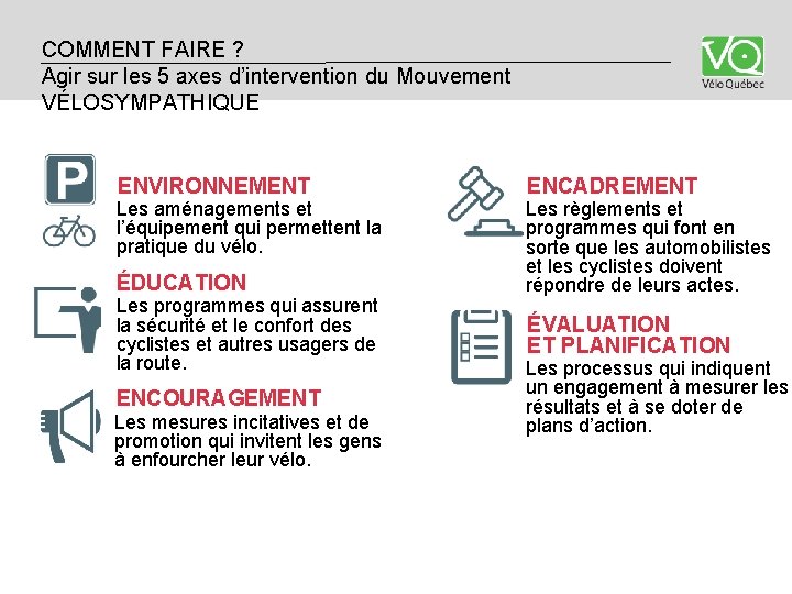 COMMENT FAIRE ? Critères Agir sur d’évaluation les 5 axes d’intervention du Mouvement VÉLOSYMPATHIQUE COMMENT FAIRE ? Critères Agir sur d’évaluation les 5 axes d’intervention du Mouvement VÉLOSYMPATHIQUE