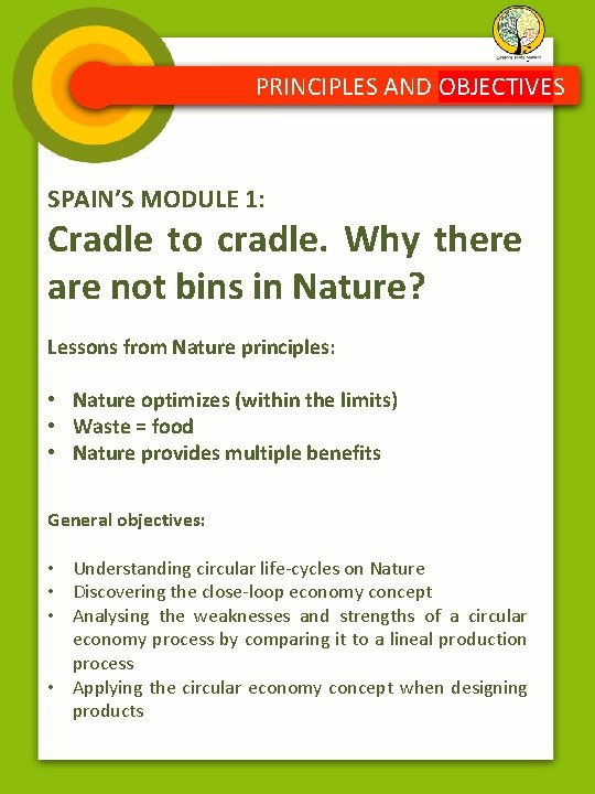 PRINCIPLES AND OBJECTIVES SPAIN’S MODULE 1: Cradle to cradle. Why there are not bins