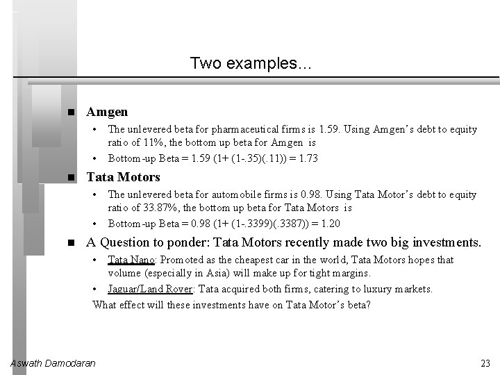 Two examples… Amgen • • Tata Motors • • The unlevered beta for pharmaceutical