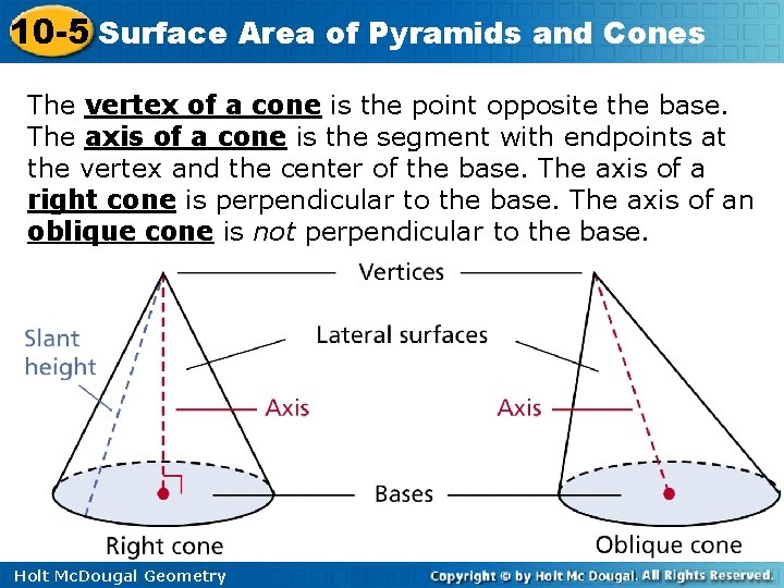 10 -5 Surface Area of Pyramids and Cones The vertex of a cone is