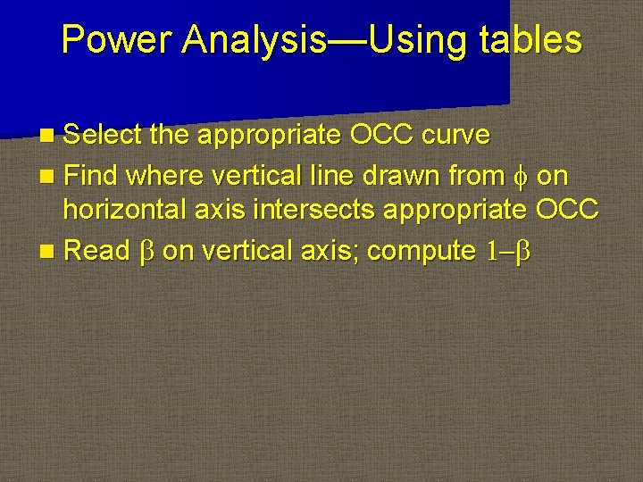 Power Analysis—Using tables n Select the appropriate OCC curve f on horizontal axis intersects