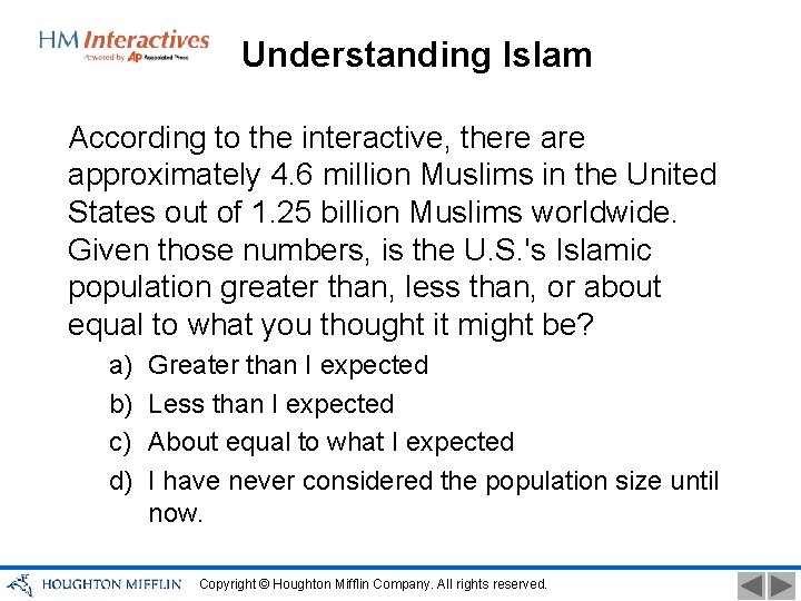 Understanding Islam According to the interactive, there approximately 4. 6 million Muslims in the