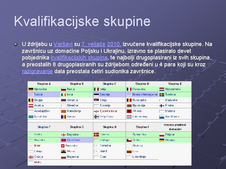 Kvalifikacijske skupine U ždrijebu u Varšavi su 7. veljače 2010. izvučene kvalifikacijske skupine. Na