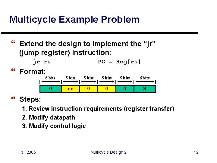 Multicycle Example Problem } Extend the design to implement the “jr” (jump register) instruction: