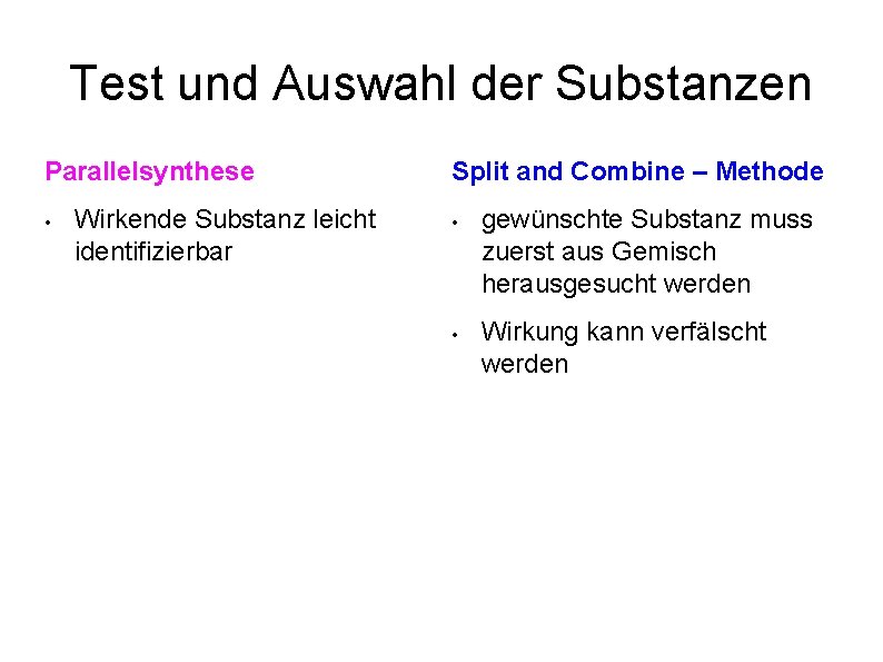 Test und Auswahl der Substanzen Parallelsynthese • Wirkende Substanz leicht identifizierbar Split and Combine