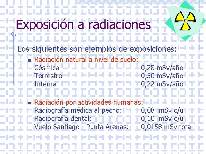 Exposición a radiaciones Los siguientes son ejemplos de exposiciones: n n Radiación natural a