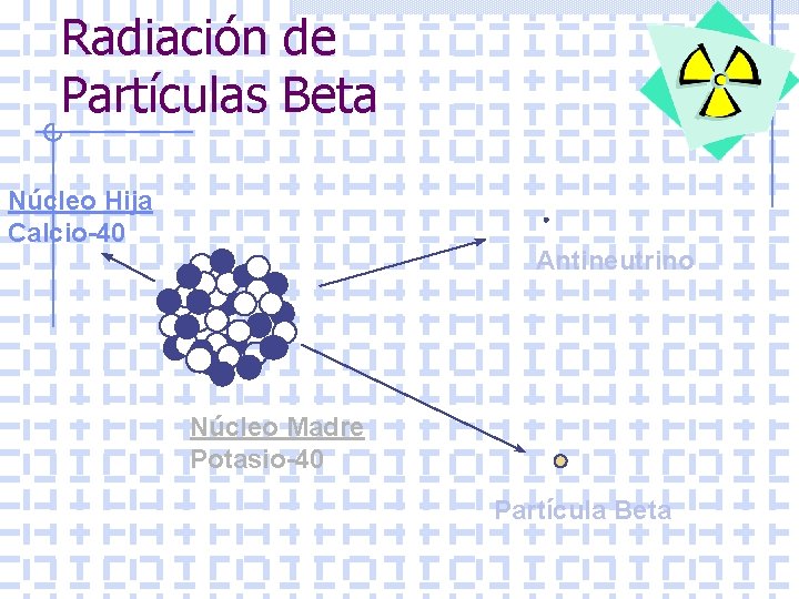 Radiación de Partículas Beta Núcleo Hija Calcio-40 Antineutrino Núcleo Madre Potasio-40 Partícula Beta 