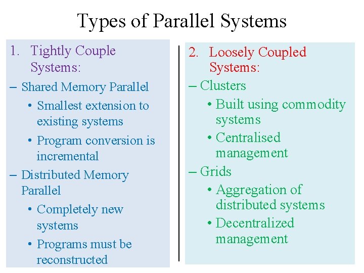 Types of Parallel Systems 1. Tightly Couple Systems: – Shared Memory Parallel • Smallest