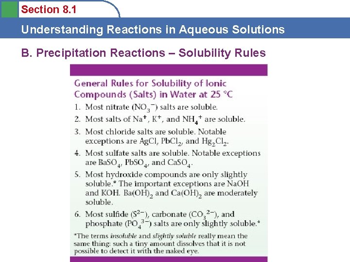 Section 8. 1 Understanding Reactions in Aqueous Solutions B. Precipitation Reactions – Solubility Rules