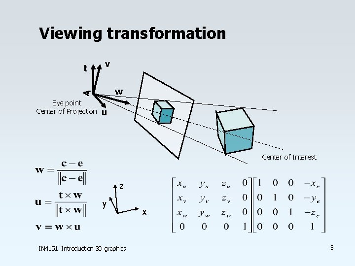 Viewing transformation t v w Eye point Center of Projection u Center of Interest Viewing transformation t v w Eye point Center of Projection u Center of Interest