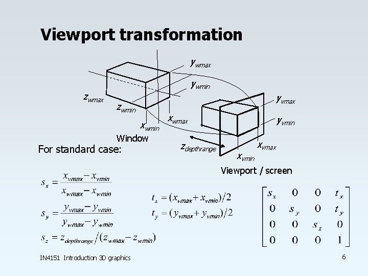 Viewport transformation ywmax zwmax ywmin yvmax zwmin xwmin Window For standard case: xwmax zdepthrange Viewport transformation ywmax zwmax ywmin yvmax zwmin xwmin Window For standard case: xwmax zdepthrange