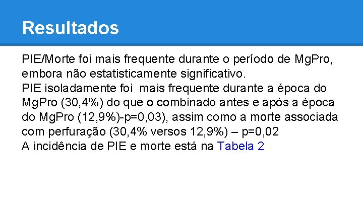 Resultados PIE/Morte foi mais frequente durante o período de Mg. Pro, embora não estatisticamente