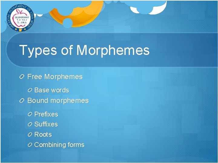 Types of Morphemes Free Morphemes Base words Bound morphemes Prefixes Suffixes Roots Combining forms