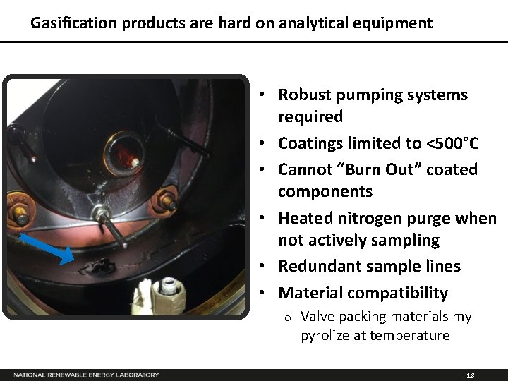 Gasification products are hard on analytical equipment • Robust pumping systems required • Coatings