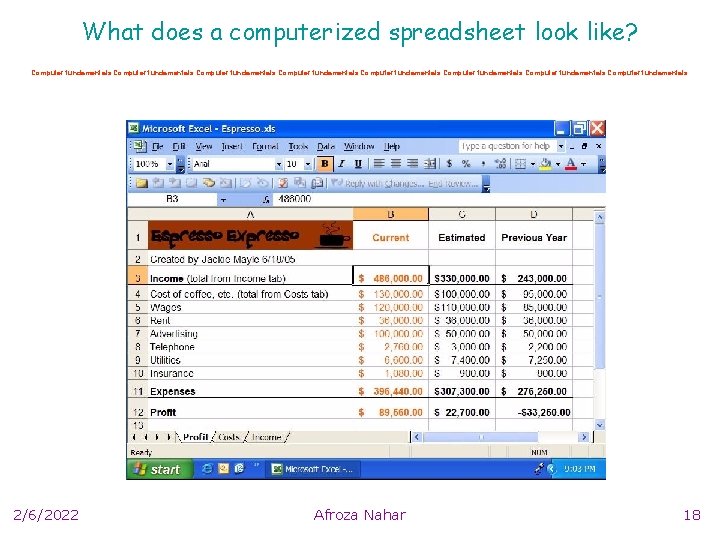 What does a computerized spreadsheet look like? Computer fundamentals Computer fundamentals 2/6/2022 Afroza Nahar
