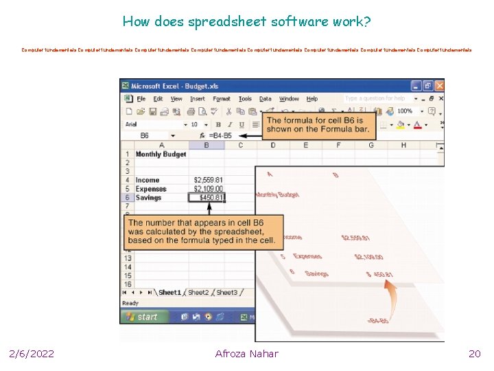 How does spreadsheet software work? Computer fundamentals Computer fundamentals 2/6/2022 Afroza Nahar 20 