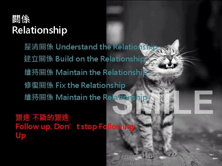 關係 Relationship 釐清關係 Understand the Relationship 建立關係 Build on the Relationship 維持關係 Maintain the