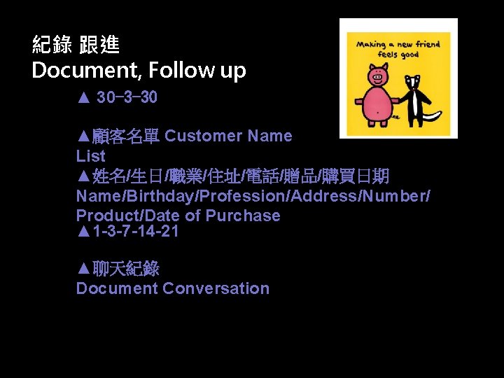 紀錄 跟進 Document, Follow up ▲ 30 -3 -30 ▲顧客名單 Customer Name List ▲姓名/生日/職業/住址/電話/贈品/購買日期