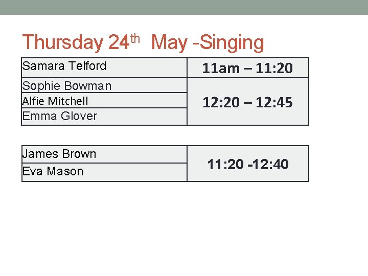 Thursday 24 th May -Singing Samara Telford 11 am – 11: 20 Sophie Bowman