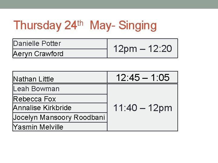 Thursday 24 th May- Singing Danielle Potter Aeryn Crawford Nathan Little Leah Bowman Rebecca