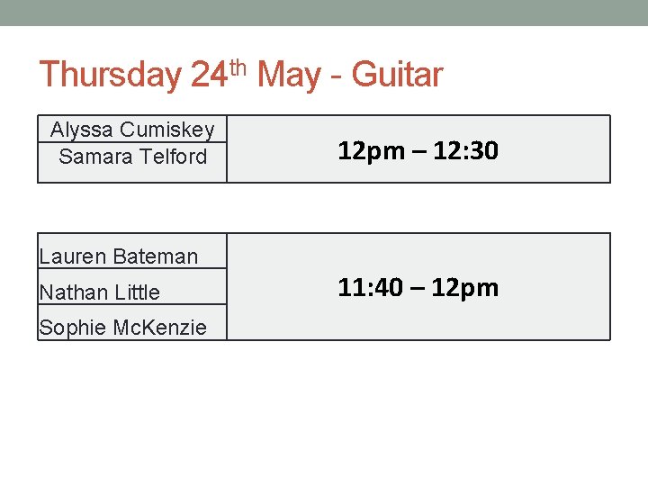 Thursday 24 th May - Guitar Alyssa Cumiskey Samara Telford 12 pm – 12: