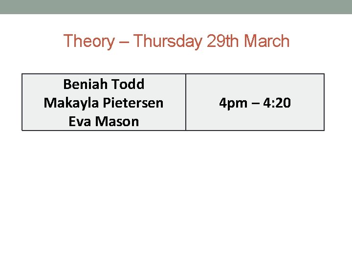 Theory – Thursday 29 th March Beniah Todd Makayla Pietersen Eva Mason 4 pm