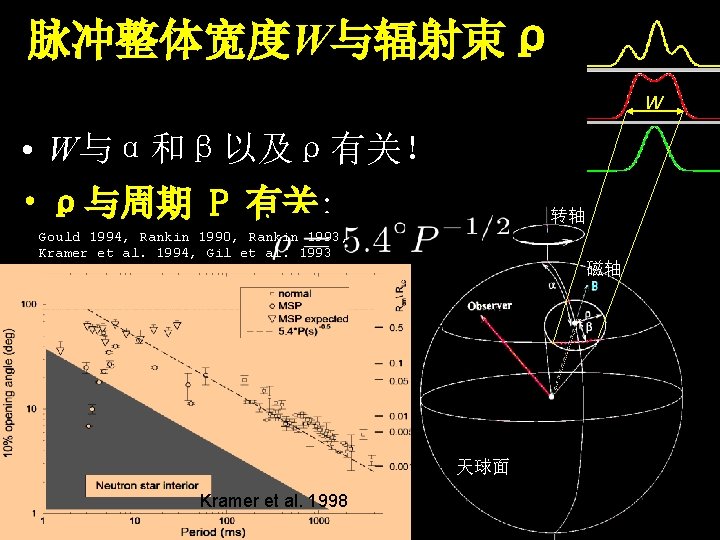 脉冲整体宽度W与辐射束ρ W • W与α和β以及ρ有关！ • ρ与周期 P 有关: 转轴 Gould 1994, Rankin 1990, Rankin