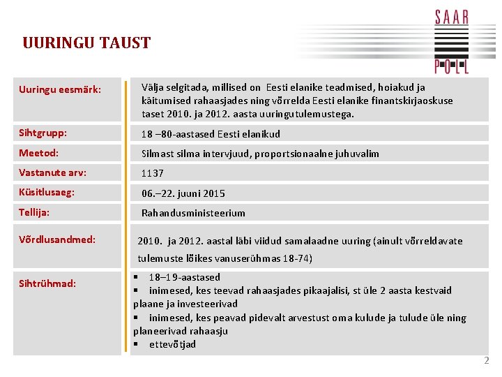 UURINGU TAUST Uuringu eesmärk: Välja selgitada, millised on Eesti elanike teadmised, hoiakud ja käitumised