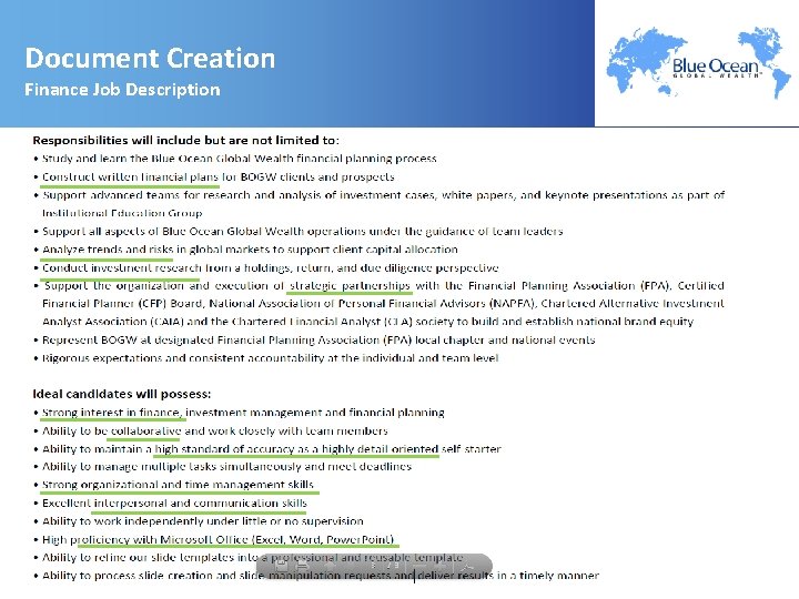 Document Creation Finance Job Description 