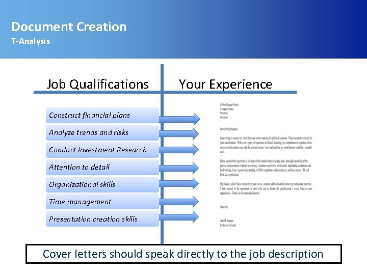 Document Creation T-Analysis Job Qualifications Your Experience Construct financial plans Analyze trends and risks