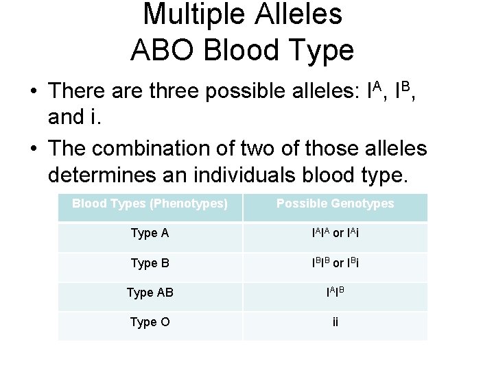 Multiple Alleles ABO Blood Type • There are three possible alleles: IA, IB, and