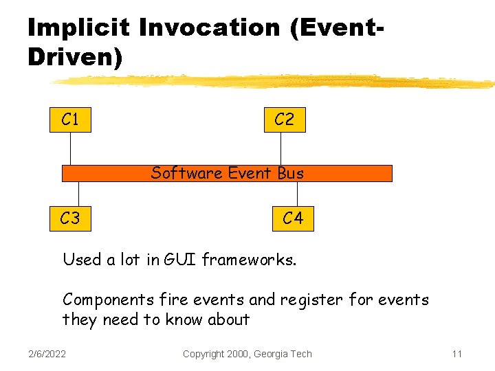 Implicit Invocation (Event. Driven) C 1 C 2 Software Event Bus C 3 C