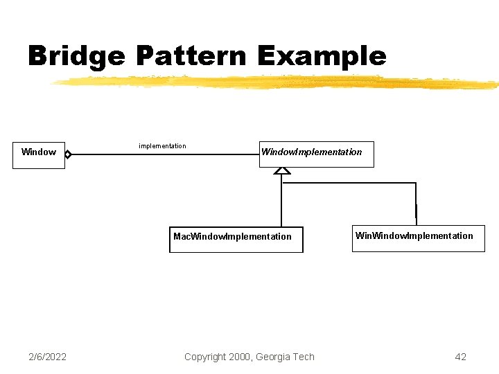 Bridge Pattern Example Window implementation Window. Implementation Mac. Window. Implementation 2/6/2022 Copyright 2000, Georgia
