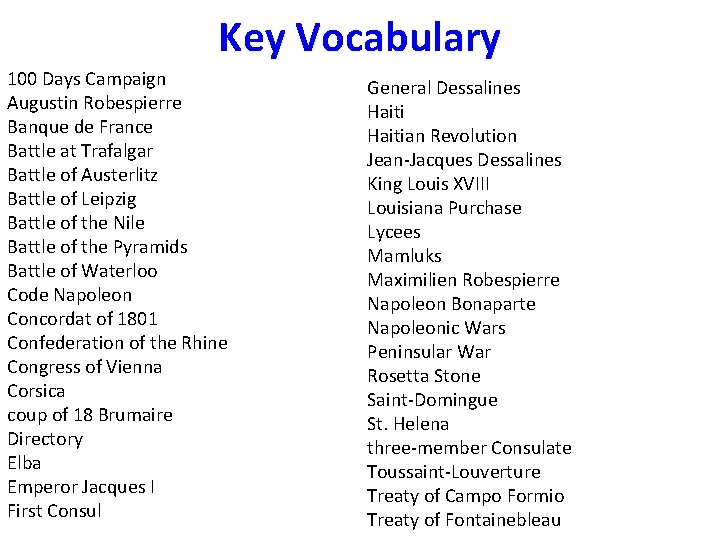 Key Vocabulary 100 Days Campaign Augustin Robespierre Banque de France Battle at Trafalgar Battle