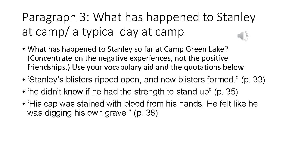 Paragraph 3: What has happened to Stanley at camp/ a typical day at camp