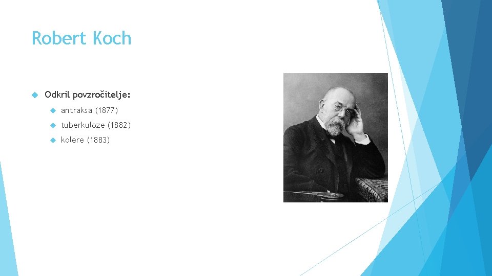 Robert Koch Odkril povzročitelje: antraksa (1877) tuberkuloze (1882) kolere (1883) 