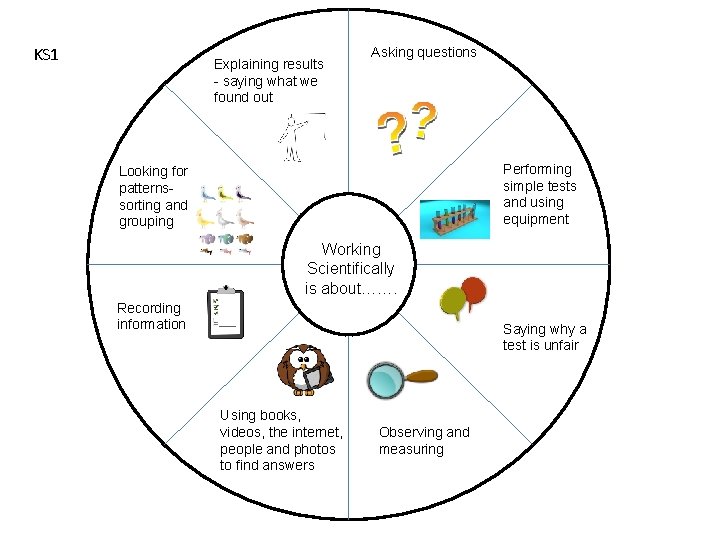 KS 1 Explaining results - saying what we found out Asking questions Performing simple
