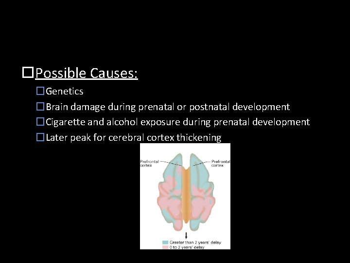  Possible Causes: �Genetics �Brain damage during prenatal or postnatal development �Cigarette and alcohol