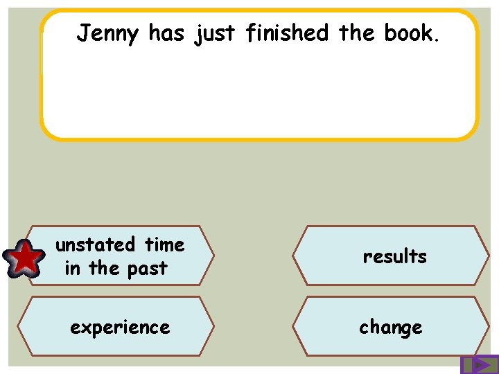 Jenny has just finished the book. unstated time in the past results experience change
