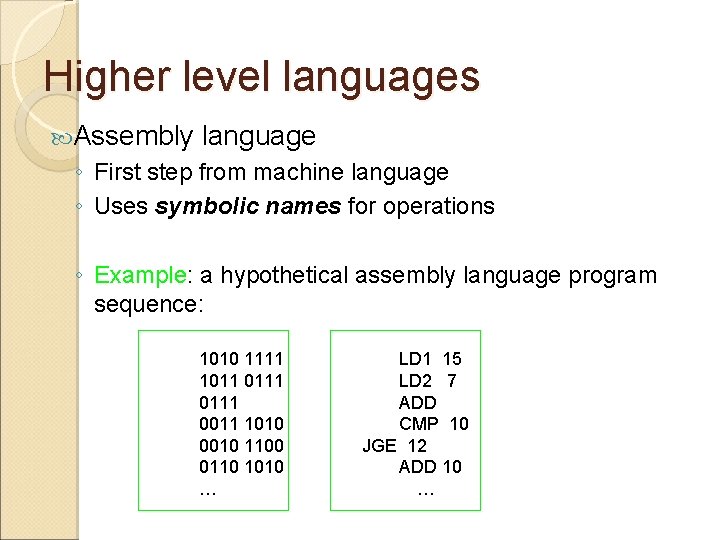 Higher level languages Assembly language ◦ First step from machine language ◦ Uses symbolic