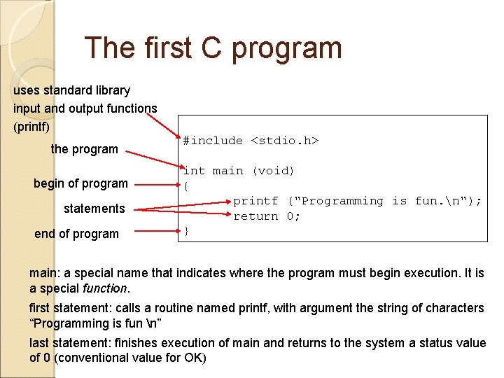 The first C program uses standard library input and output functions (printf) the program