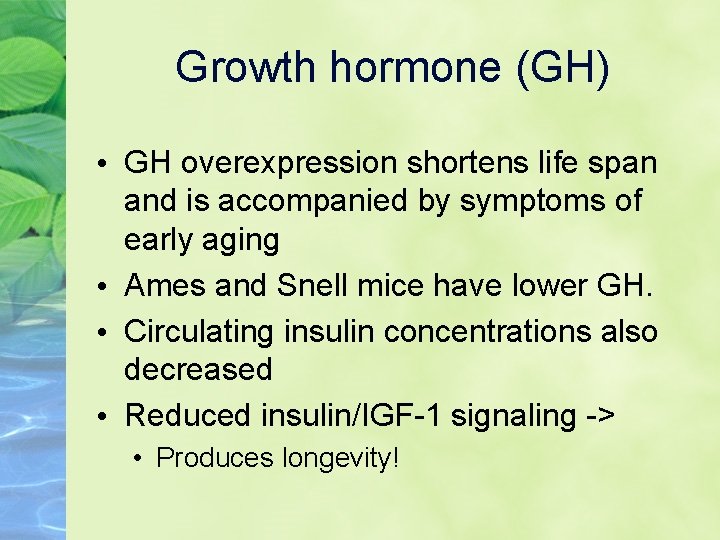 Growth hormone (GH) • GH overexpression shortens life span and is accompanied by symptoms
