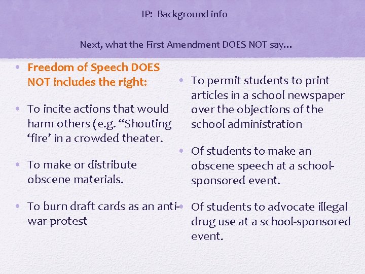 IP: Background info Next, what the First Amendment DOES NOT say… • Freedom of