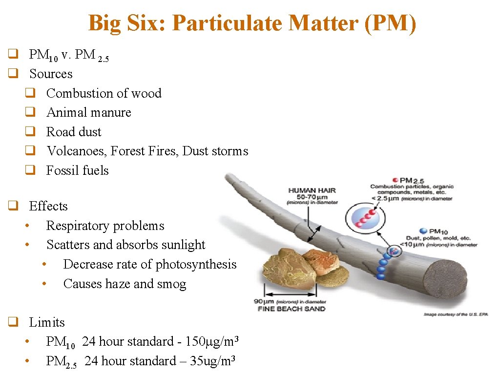 Big Six: Particulate Matter (PM) q PM 10 v. PM 2. 5 q Sources