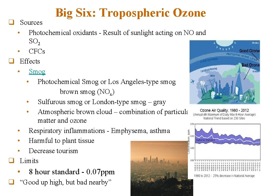 Big Six: Tropospheric Ozone q Sources • Photochemical oxidants - Result of sunlight acting
