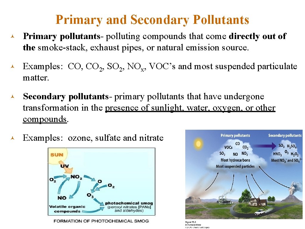 Primary and Secondary Pollutants © Primary pollutants- polluting compounds that come directly out of